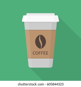 Coffee icon with long shadows. Takeaway coffee paper cup sign. Vector illustration in flat style. EPS 10.