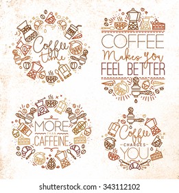 Coffee icon monograms in flat style, drawing with brown lines on white background with lettering