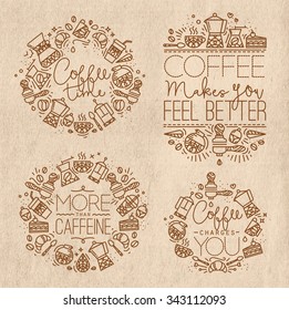 Coffee icon monograms in old flat style, drawing with brown lines on kraft background with lettering