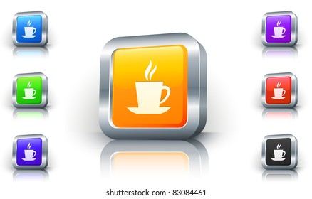 Coffee Icon on 3D Button with Metallic Rim Original Illustration