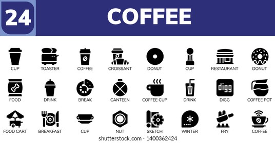 coffee icon set. 24 filled coffee icons.  Collection Of - Cup, Toaster, Coffee, Croissant, Donut, Restaurant, Food, Drink, Break, Canteen, cup, Digg, pot, Food cart