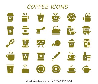  coffee icon set. 30 filled coffee icons. Simple modern icons about  - Coffee, Cup, Donut, Kettle, Fish food, Thermo, Food cart, Mixer, Blender, Drawing, Snack, Coffee cup, Tea