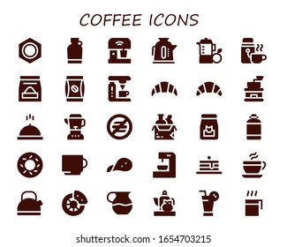 Kaffeesymbol-Set. 30 gefüllte Kaffeesymbole.  Einfache, moderne Symbole wie: Nut, Canteen, Mixer, Kettle, Saft, Thermo, Food, Kaffeebeutel, Maschine, Croissant, Schleifmaschine