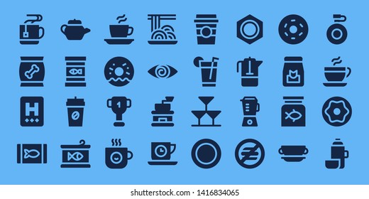 coffee icon set. 32 filled coffee icons. on blue background style Collection Of - Mug, Food, Hotel, Canned food, Tea pot, Coffee, Doughnut, Cup, cup, Spaghetti, Fatigue