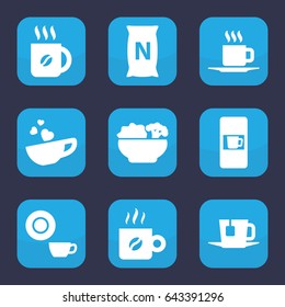 Coffee icon. set of 9 filled coffee icons such as vending machine, dish, coffee, bag with ground, cup with heart, cup, tea