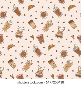 coffee icon set background in kawaii doodle style 