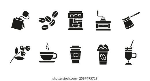 Coffee icon set black. Caffeine drink symbol collection. Espresso machine vector illustration. Roasted beans and coffee grinder sign. Coffee mug pictogram. Latte, cappuccino and americano beverage.