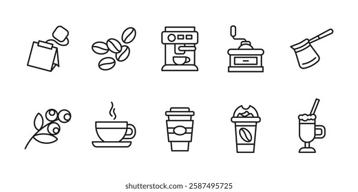 Coffee icon set. Caffeine drink symbol collection. Espresso machine vector illustration. Roasted beans and coffee grinder sign. Coffee mug pictogram. Latte, cappuccino and americano beverage concept.