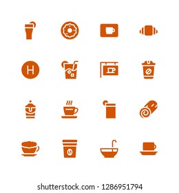 coffee icon set. Collection of 16 filled coffee icons included Coffee, Punch bowl, bag, Latte, Cinnamon roll, Drink, Milkshake, Hotel, Croissant, cup, Donut