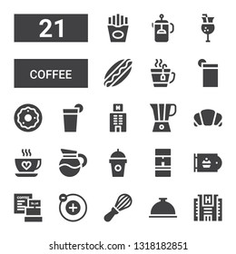 coffee icon set. Collection of 21 filled coffee icons included Hotel, Foods, Mixer, Electron, Coffee, Bakery, machine, Drink, Croissant, Blender, Beverage, Donut, Tea, Hotdog