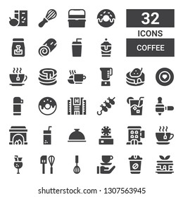 coffee icon set. Collection of 32 filled coffee icons included Pancake, Coffee, Mixer, Juice, Tea cup, Hotel, Dish, Foods, Fireplace, maker, Drink, Brochette, Donut, Thermo