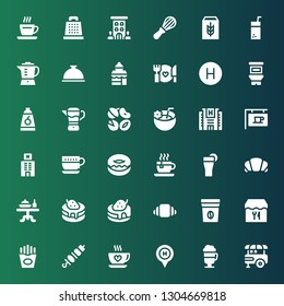 coffee icon set. Collection of 36 filled coffee icons included Food stand, Irish coffee, Hotel, Brochette, Fries, Restaurant, bag, Croissant, Pancake, Dinner table