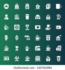 coffee icon set. Collection of 36 filled coffee icons included Coffee, French fries, Fireplace, cup, Dinner table, beans, maker, French press, Tea cup, grinder