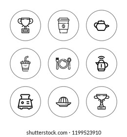 Coffee icon set. collection of 9 outline coffee icons with coffee cup, cup, drink, kettle, meal, squeezer, toaster icons. editable icons.