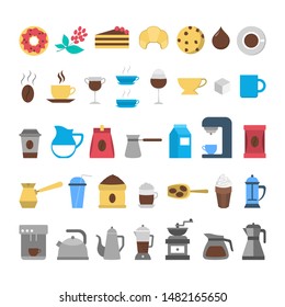 Coffee icon set. Collection of coffee making tool. Hot beverage, espresso drink. Symbol for cafe menu. Isolated vector illustration in flat style