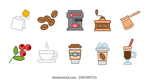 Coffee icon set colored. Caffeine drink symbol collection. Espresso machine vector illustration. Roasted beans and coffee grinder sign. Coffee mug pictogram. Americano beverage colorful glyph.