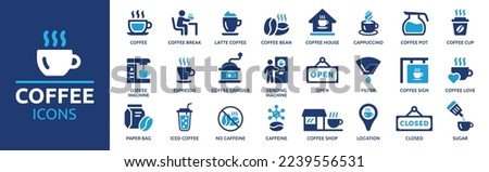 Coffee icon set. Containing latte, coffee bean, cappuccino, espresso, coffee shop, sugar and caffeine. Solid icon collection.