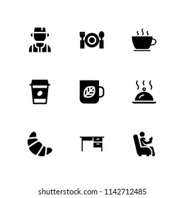 coffee icon set. coffee cup, desk and reading vector icon for graphic design and web