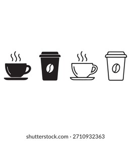 Conjunto de iconos de café - taza, taza y línea para llevar y glifos Vector, café e iconos de barista con vapor - expreso y taza desechable, Colección de símbolos de bebida de café caliente - contorno y estilo sólido