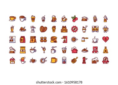Coffee-Icon-Set Design der Time Drink Frühstückswarenladen Morgengeschäft Aroma und Coffein Thema Vektorillustration Illustration