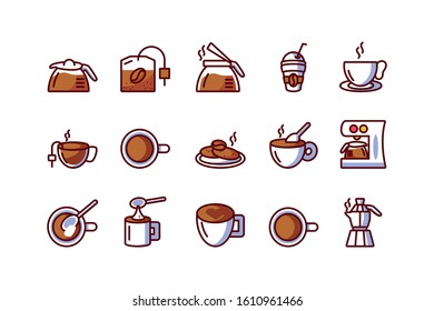 Coffee icon set design of time drink breakfast beverage shop morning store aroma and caffeine theme Vector illustration