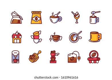 Coffee icon set design of time drink breakfast beverage shop morning store aroma and caffeine theme Vector illustration