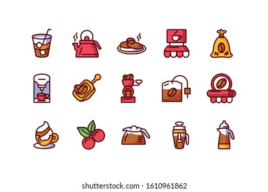 Coffee icon set design of time drink breakfast beverage shop morning store aroma and caffeine theme Vector illustration