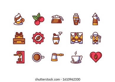 Coffee icon set design of time drink breakfast beverage shop morning store aroma and caffeine theme Vector illustration
