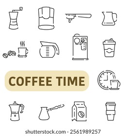 Coffee icon set. Everything for coffee. Thin line icons with space. Time for coffee icons. EPS 10.