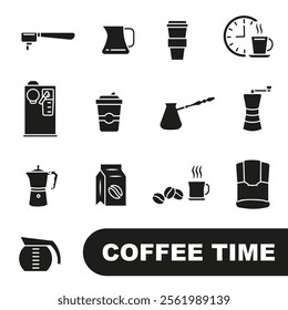 Coffee icon set. Everything for coffee. Time for coffee icons. Dark full coffee icons. EPS 10.