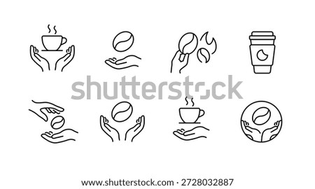 Coffee icon set featuring hands, beans, and cups in minimalist line art style