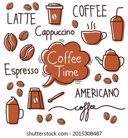 Coffee icon set. Hand drawn vector illustration. Cute and beautiful coffee icon.