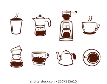 Icono de café conjunto de ilustraciones de doodle dibujadas a mano que incluyen molinillo de taza de café moka pot kettle espresso Filtrar en estilo de arte de línea marrón perfecto para café diseño de menú cafetería decoración de cafetería