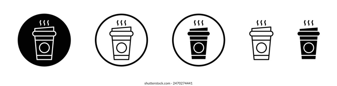 Coffee icon set. Hot coffee takeaway paper cup vector symbol in disposable plastic coffee drink glass pictogram style.