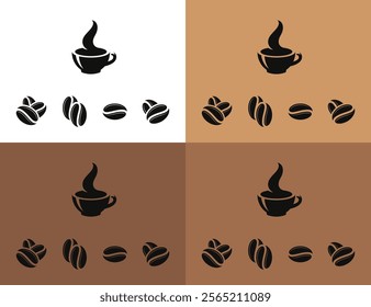 Coffee icon set. Isolated coffee beans and coffee cup with steam. Hot drink vector