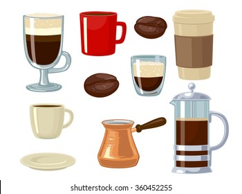 Ícone de café definido isolado em fundo branco. Ilustração plana vetorial isolada em fundo branco. Elemento de design desenhado à mão para etiqueta e cartaz