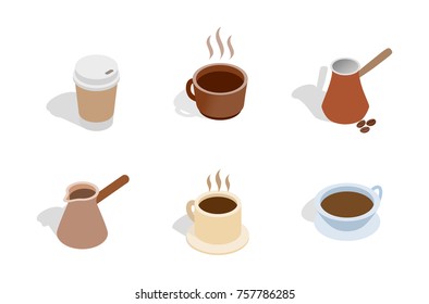 Coffee icon set. Isometric set of coffee vector icons for web design isolated on white background