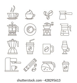 Coffee icon set. Line art style. Cups and stuff. Isolated on white background. Vector illustration.