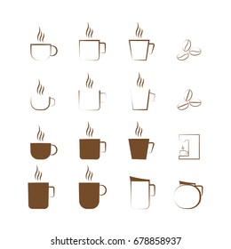 Coffee icon set, line art icon, brown color icon on white background, vector illustration