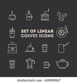 coffee icon set. Line coffee elements isolated on brown background. Vector illustration