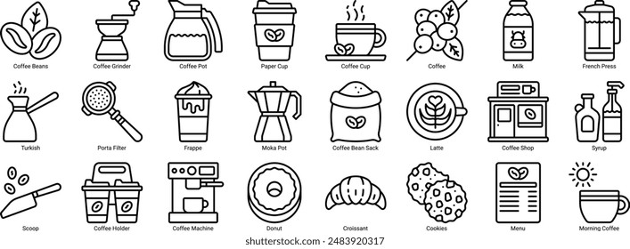 Coffee icon set line style. Coffee shop and pastry line icons contain such coffee beans, moka pot, holder, machine, and more editable stroke