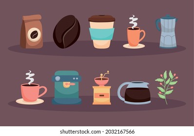 coffee icon set on purple background
