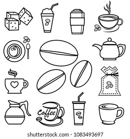 coffee icon set outline with accessory and ingredient of bean, jar, cup, jug, glass, sugar, bag, mug of break foods for relaxation, works and fresh mind