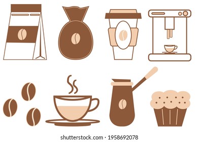 Coffee icon set. Package of coffee, beans, coffee makers and a bag of coffee. Vector illustration.