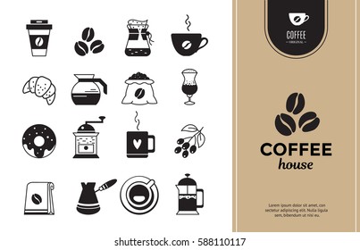 Coffee icon set, packaging design, hand drawn illustration, scandinavian style