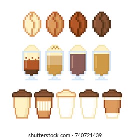 Coffee icon set. Pixel art. Old school computer graphic style. 8 bit video game.