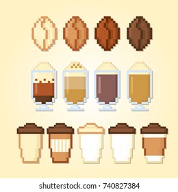 Coffee icon set. Pixel art. Old school computer graphic style. 8 bit video game.