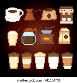 Coffee icon set. Pixel art. Old school computer graphic style. 8 bit video game.