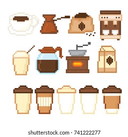 Coffee icon set. Pixel art. Old school computer graphic style. 8 bit video game.