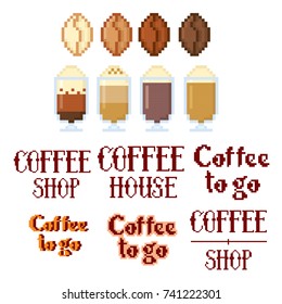 Coffee icon set. Pixel art. Old school computer graphic style. 8 bit video game.